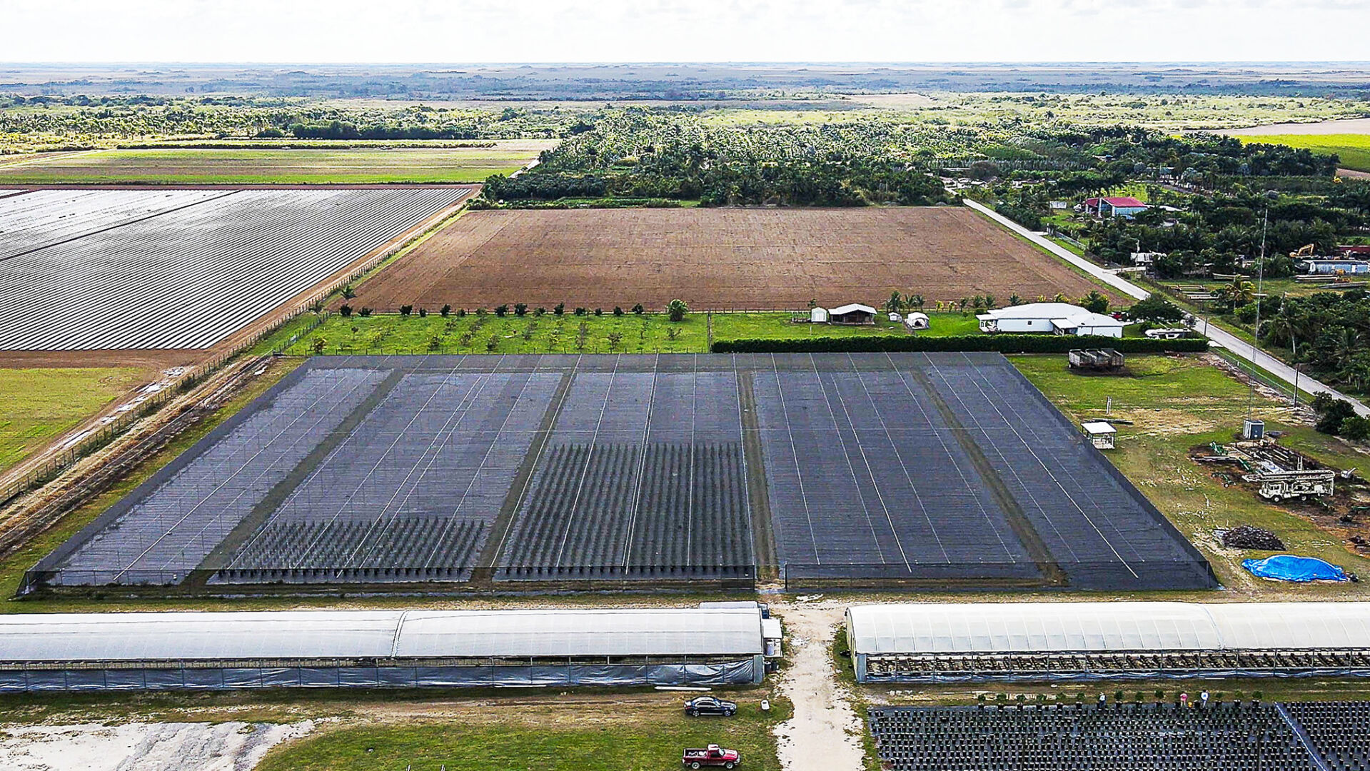An overview of the South Tip facilities. The large gray structure in this picture is the new 4.1-acre shade house constructed by South Tip to grow their hemp plants to maturity.